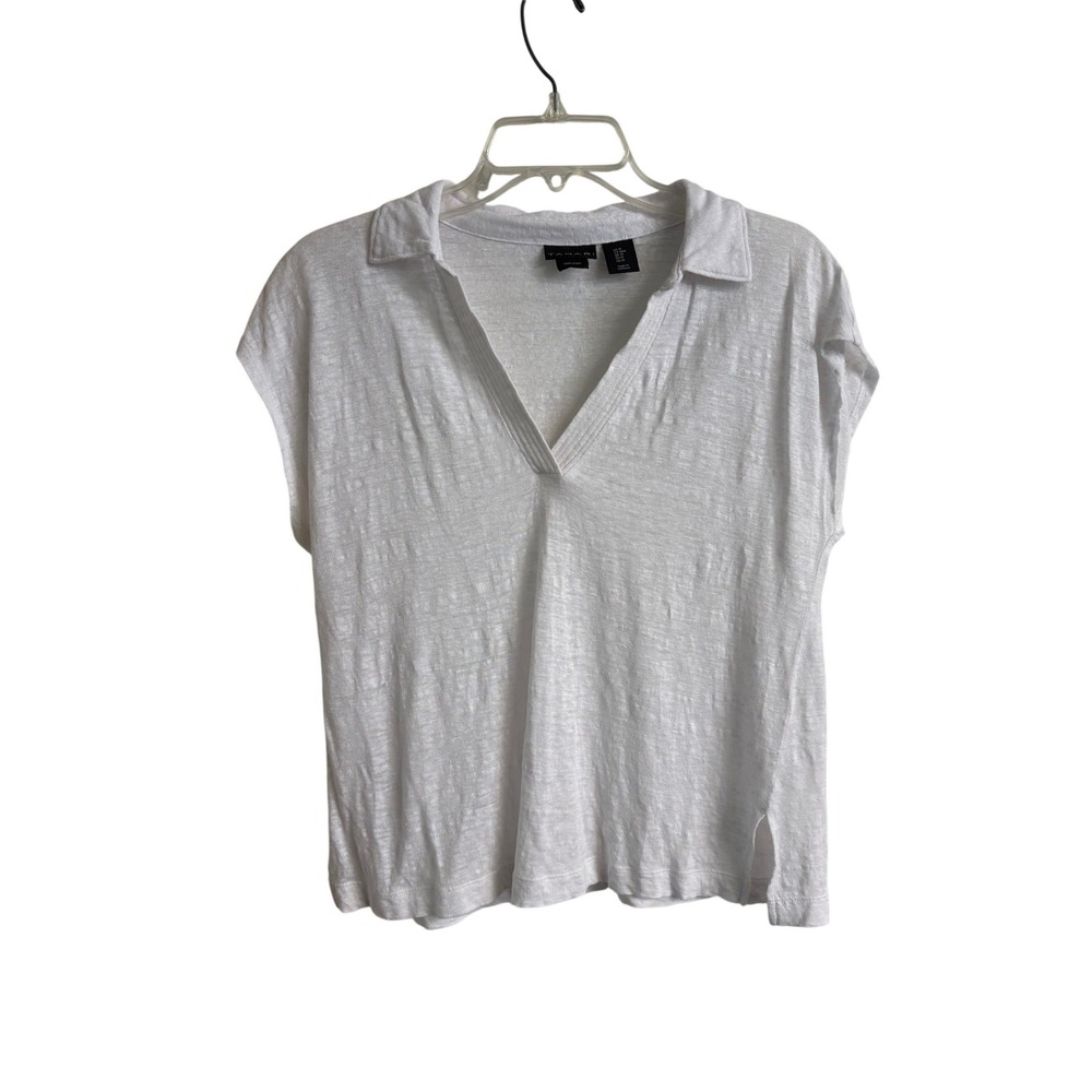 Tahari 100% Linen White Split Neck Polo Top Women's Medium Cap Sleeve Coastal